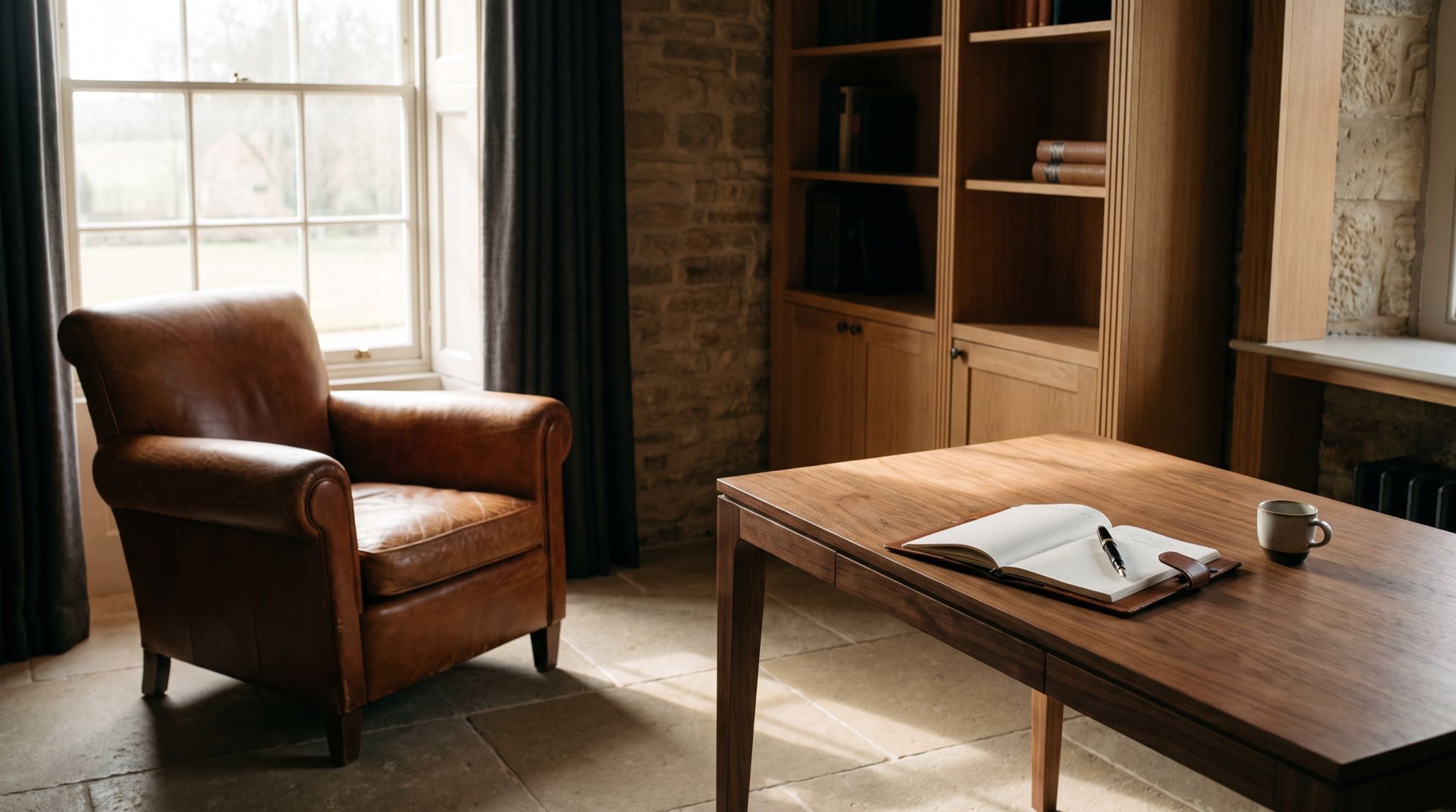 A study early in the morning: leather chair, open diary and coffee by the window
