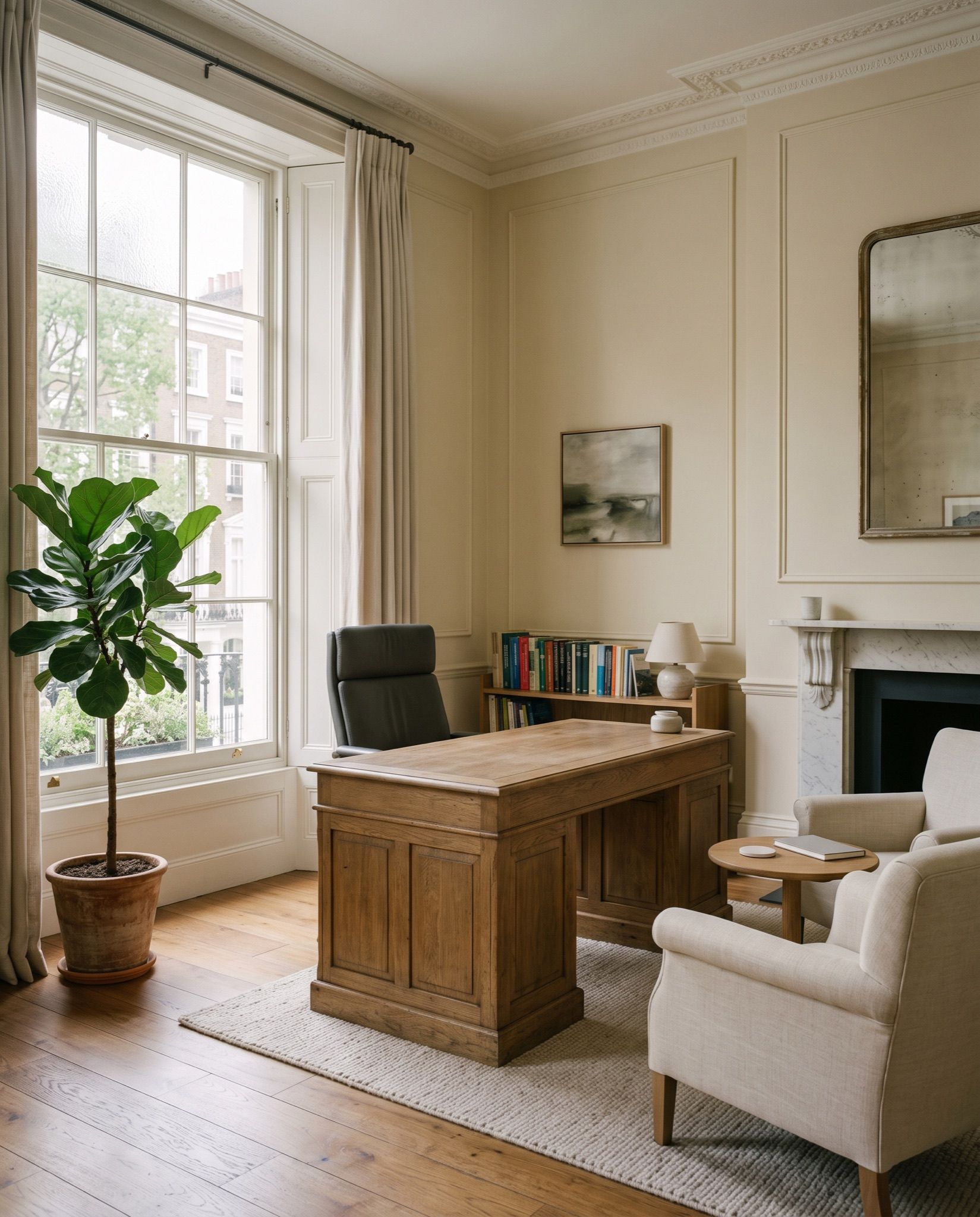 A quiet consulting room with an oak desk and a window onto a London square