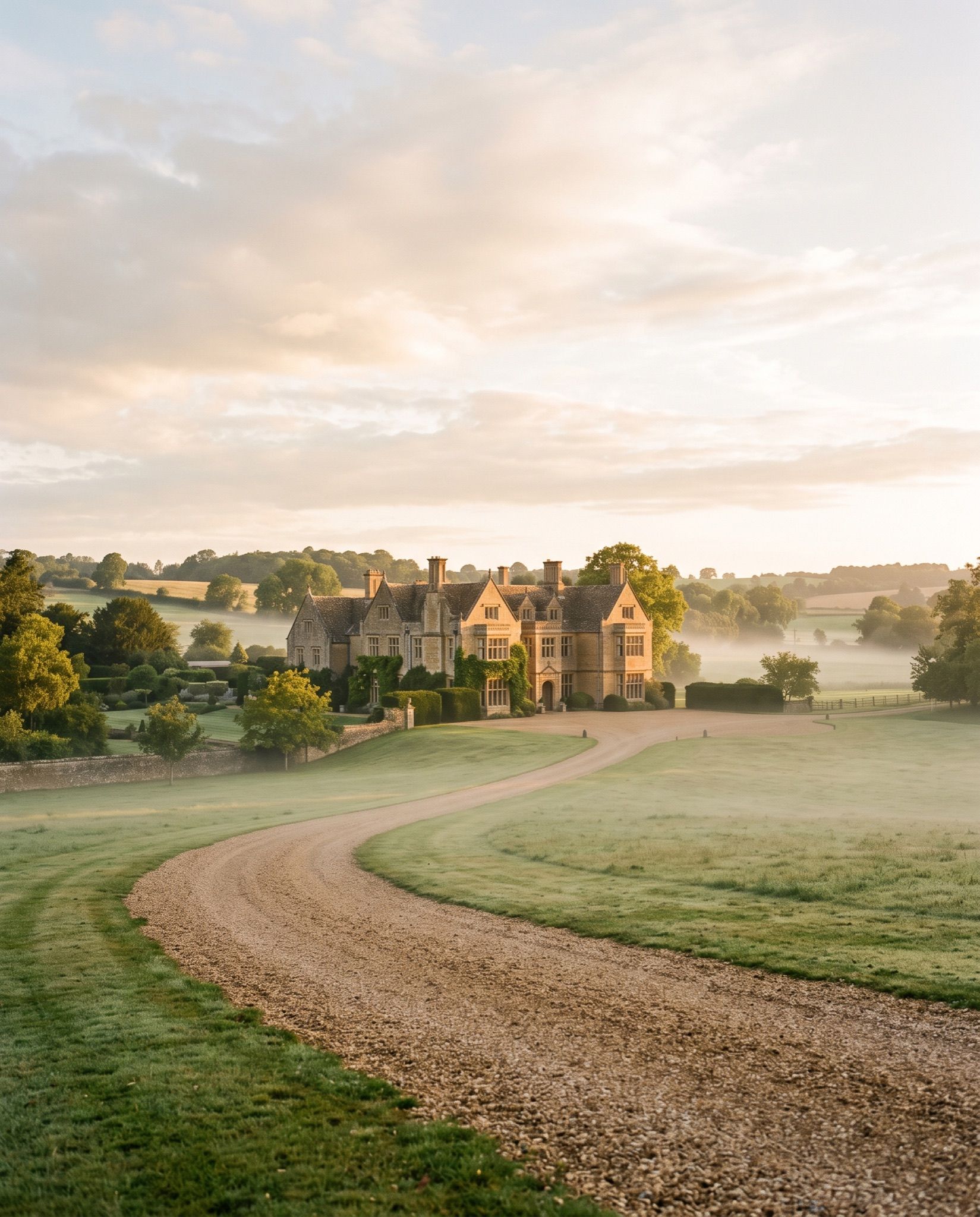 A countryside estate at golden hour