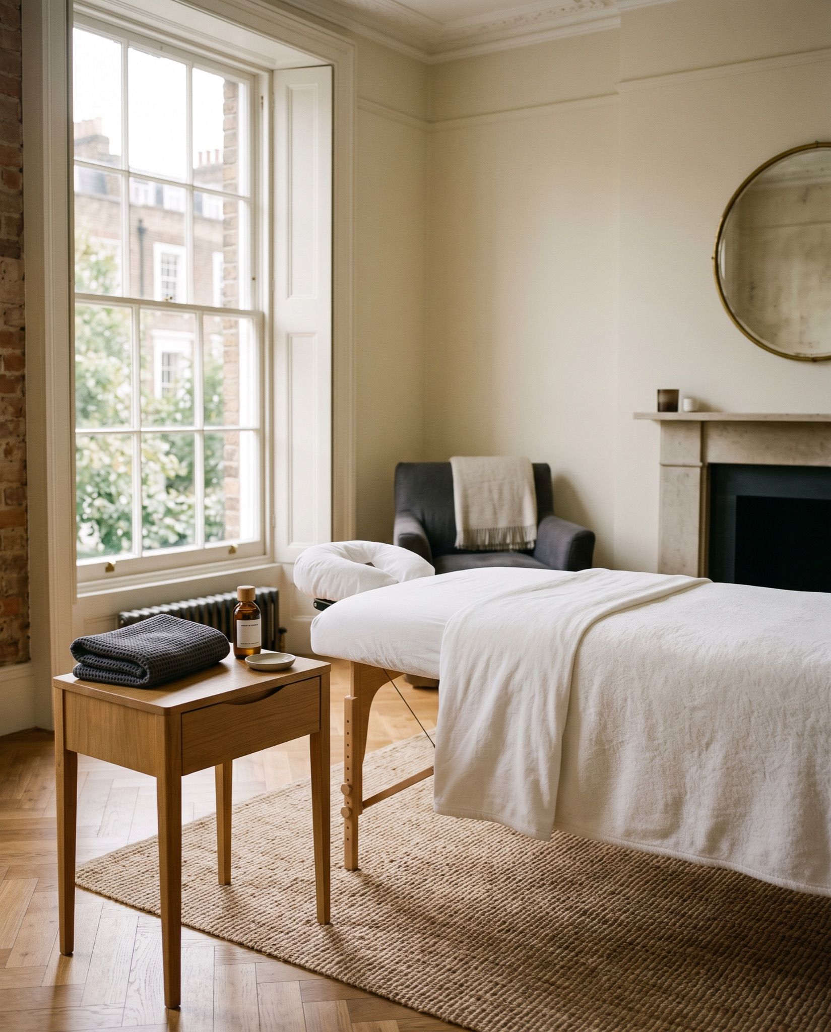 A massage table made up in a townhouse room