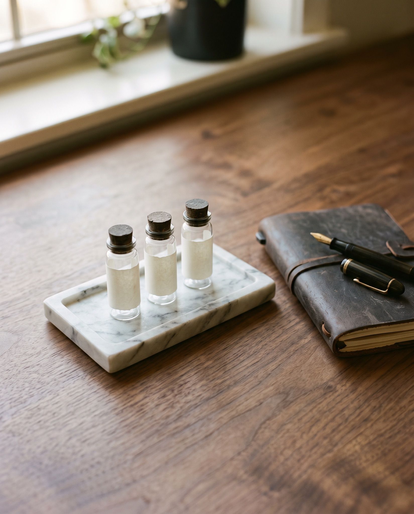 A blood-draw tray laid out on marble