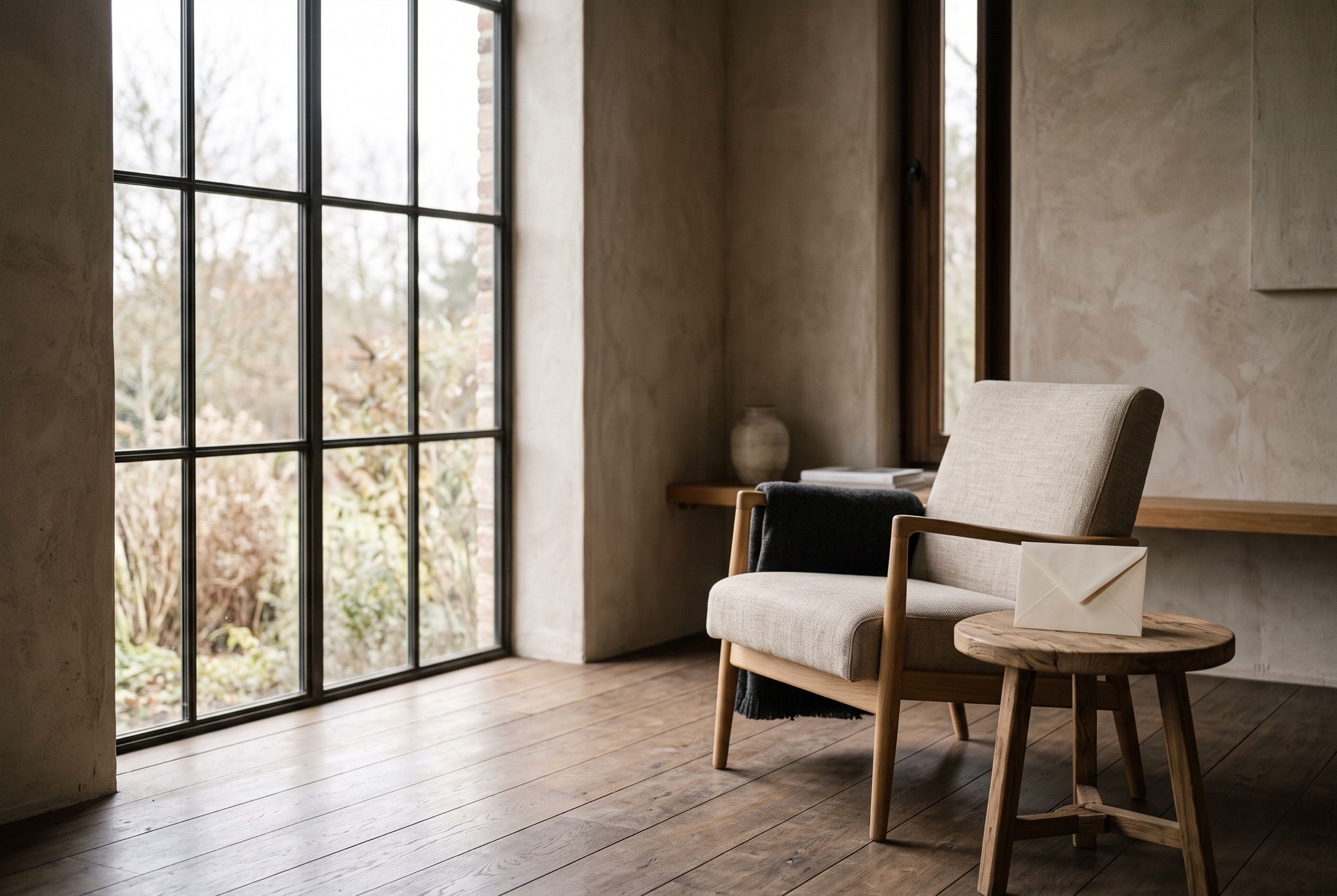 A warm empty room with one chair and a letter on the table