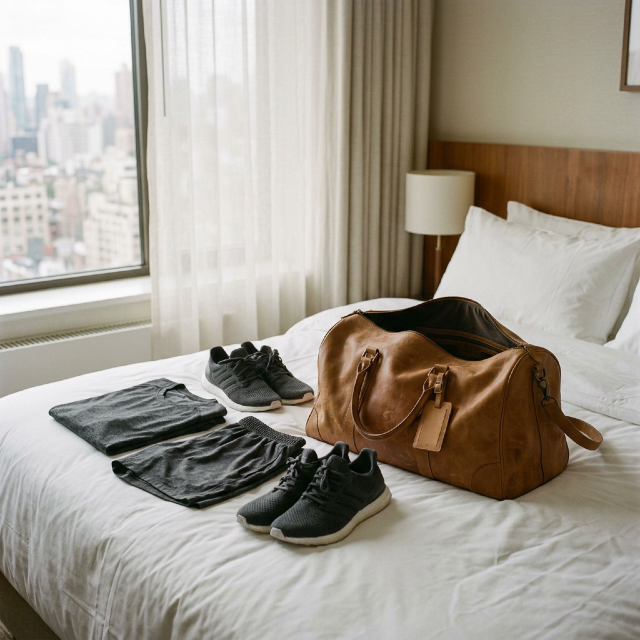 A leather holdall packed and waiting on a hotel bed