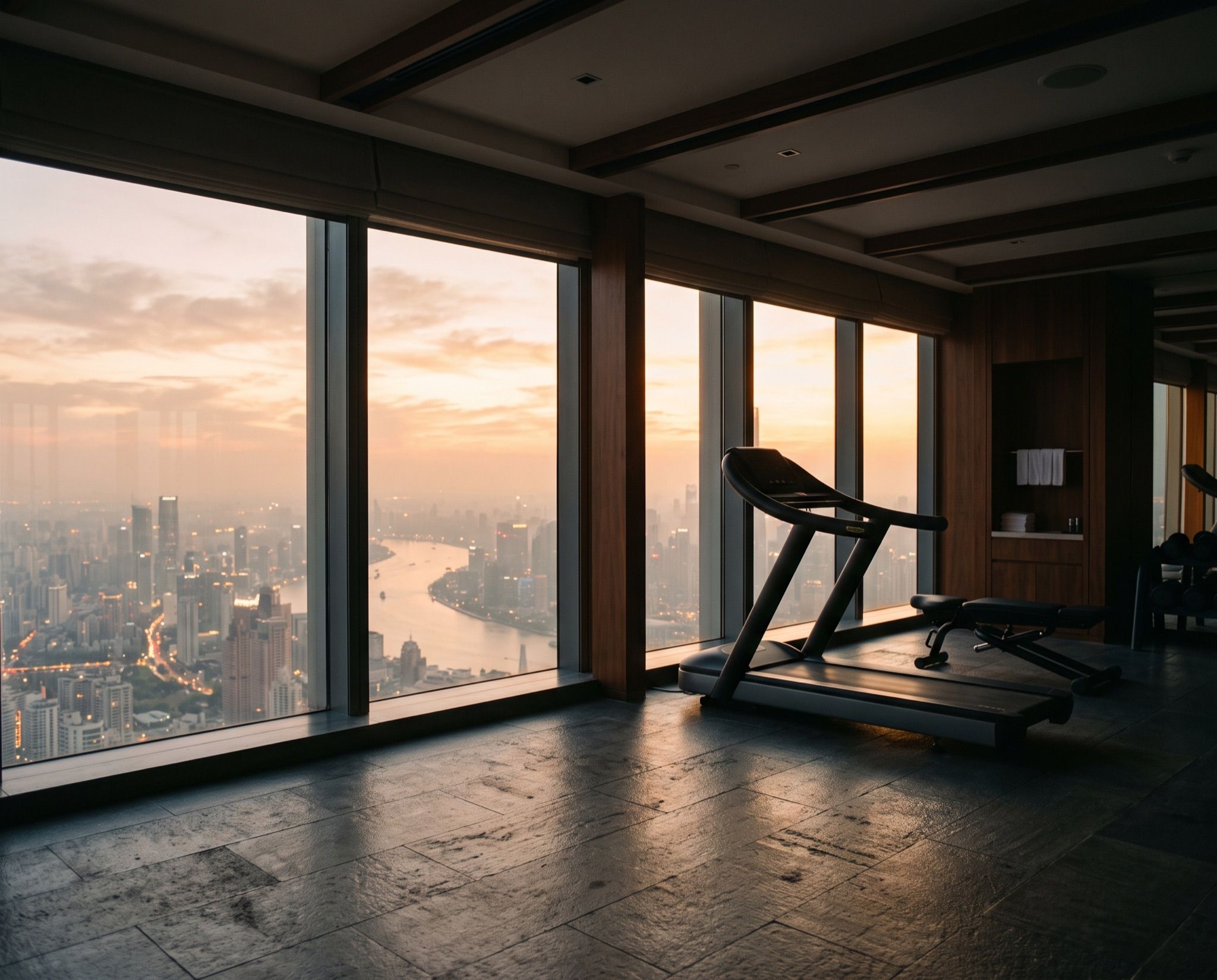 A hotel gym at dawn looking out over a city skyline