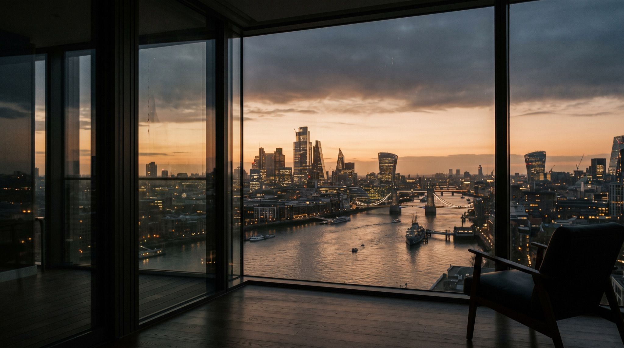 The London skyline at dusk from a high floor