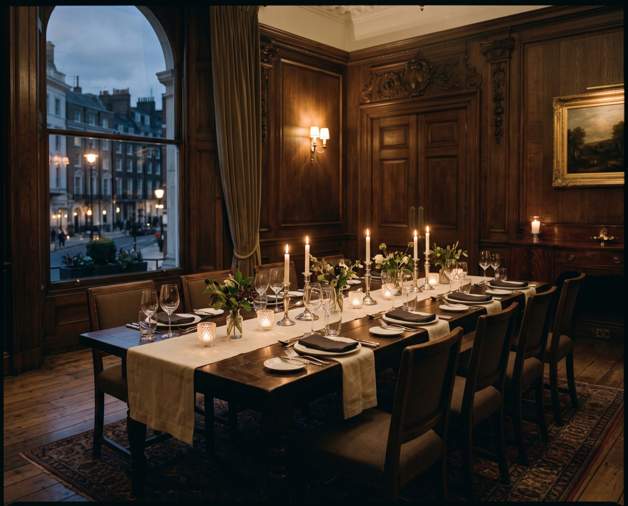 A private dining table laid for twelve