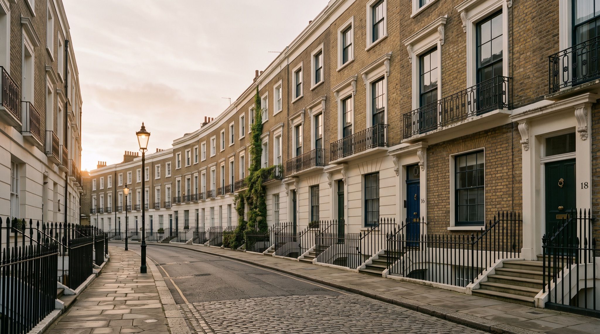 A Mayfair townhouse street at first light, empty and still