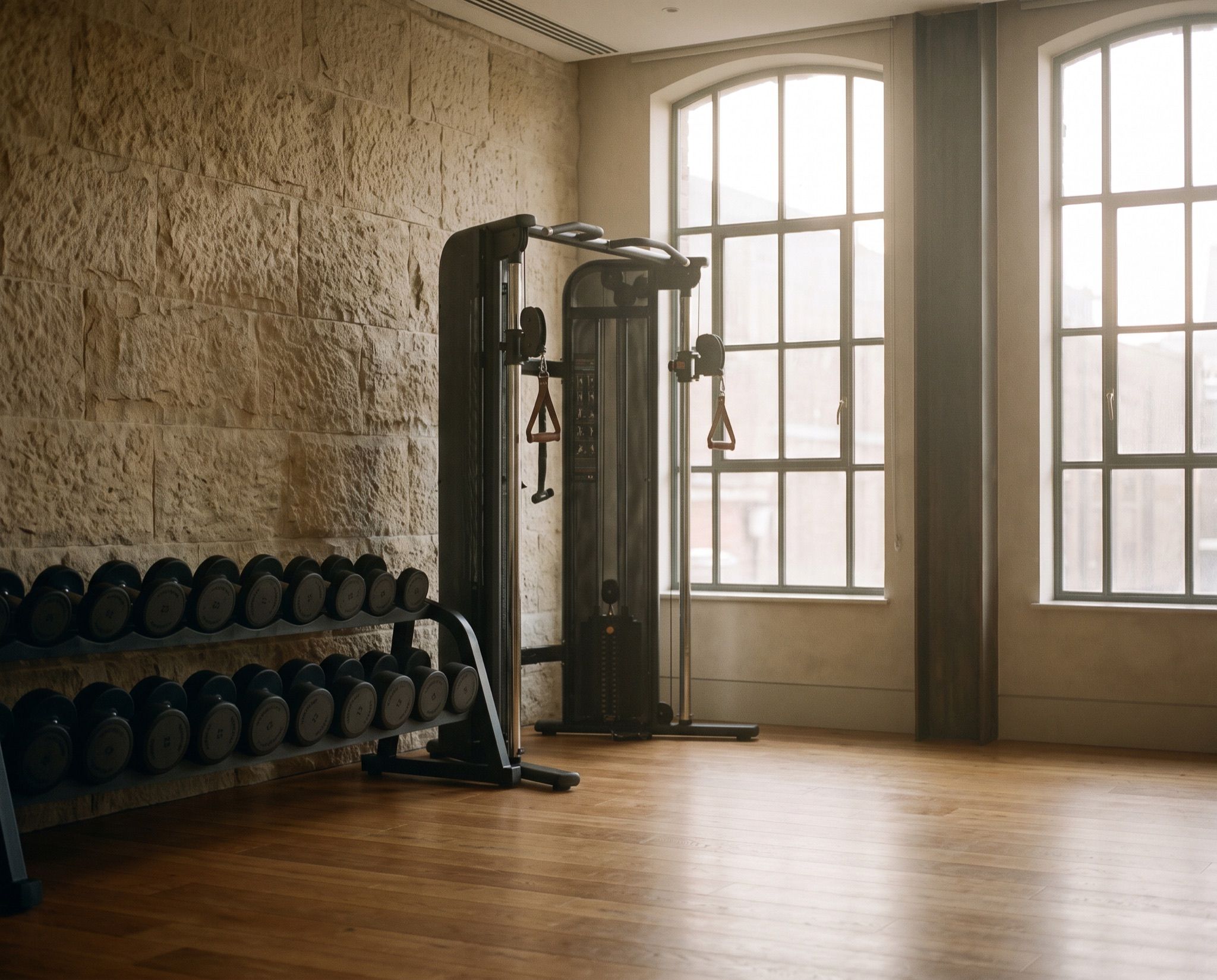 An empty private gym floor in warm wood and stone