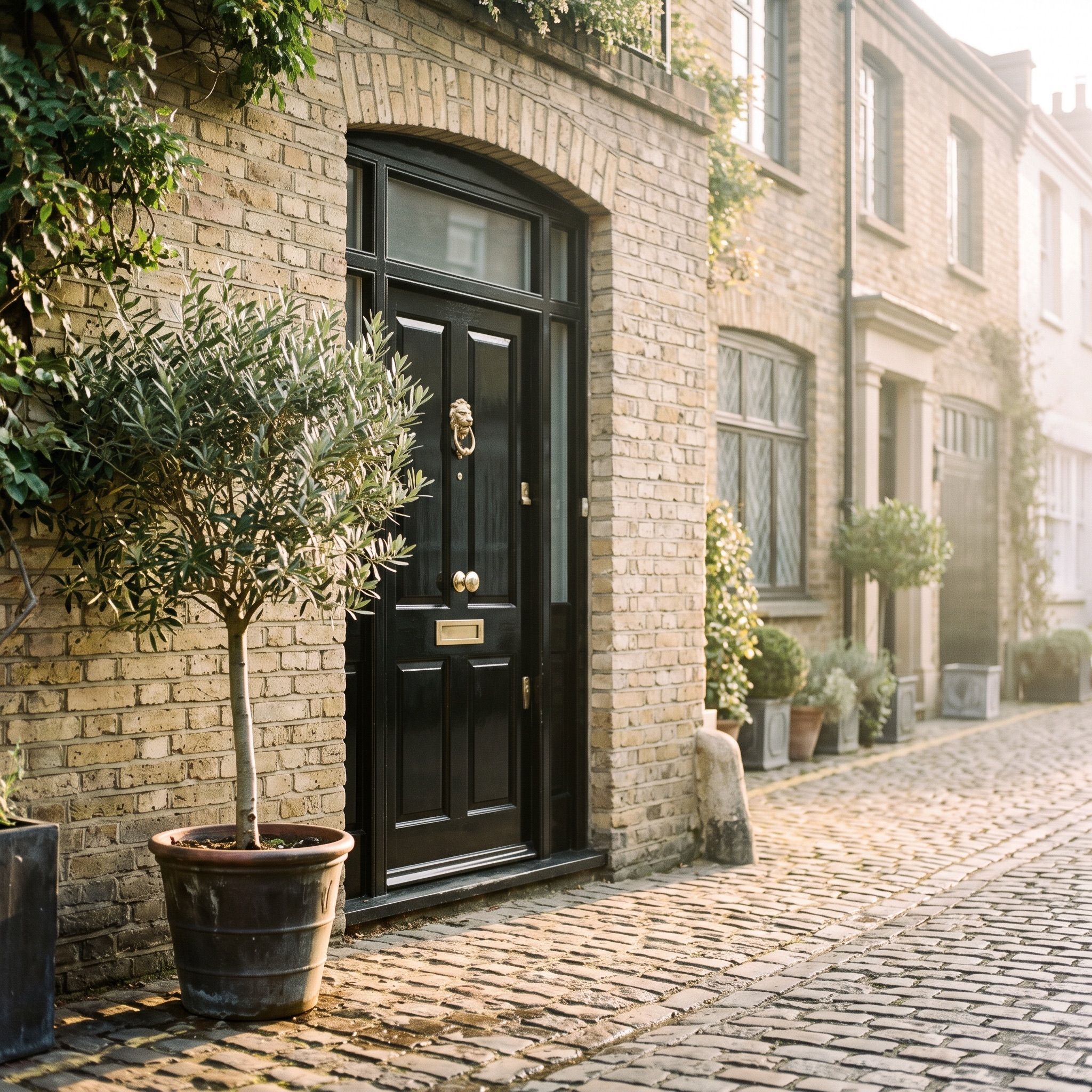 A London mews doorway on a quiet cobbled street