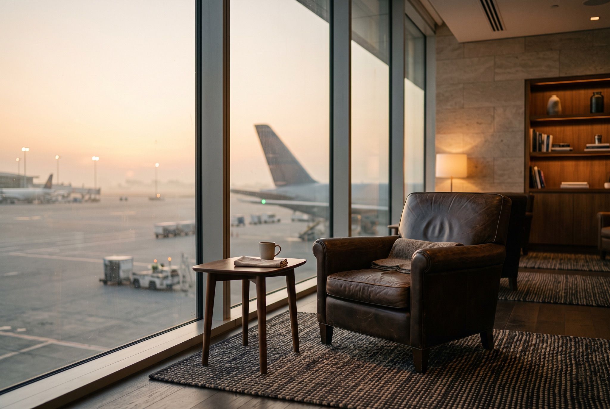 An airport lounge window at dawn