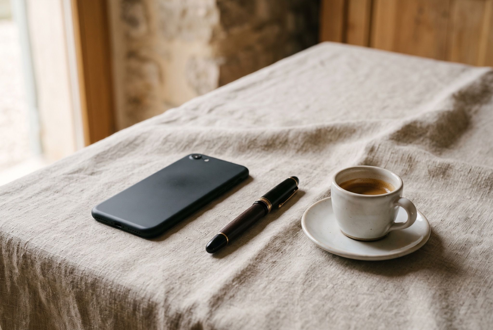 A phone face down beside a fountain pen